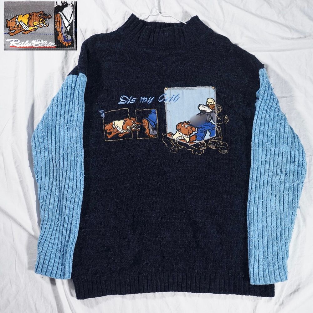 Raw Blue Dog Comic "Dis My Crib" Sweater Y2K Rare XL